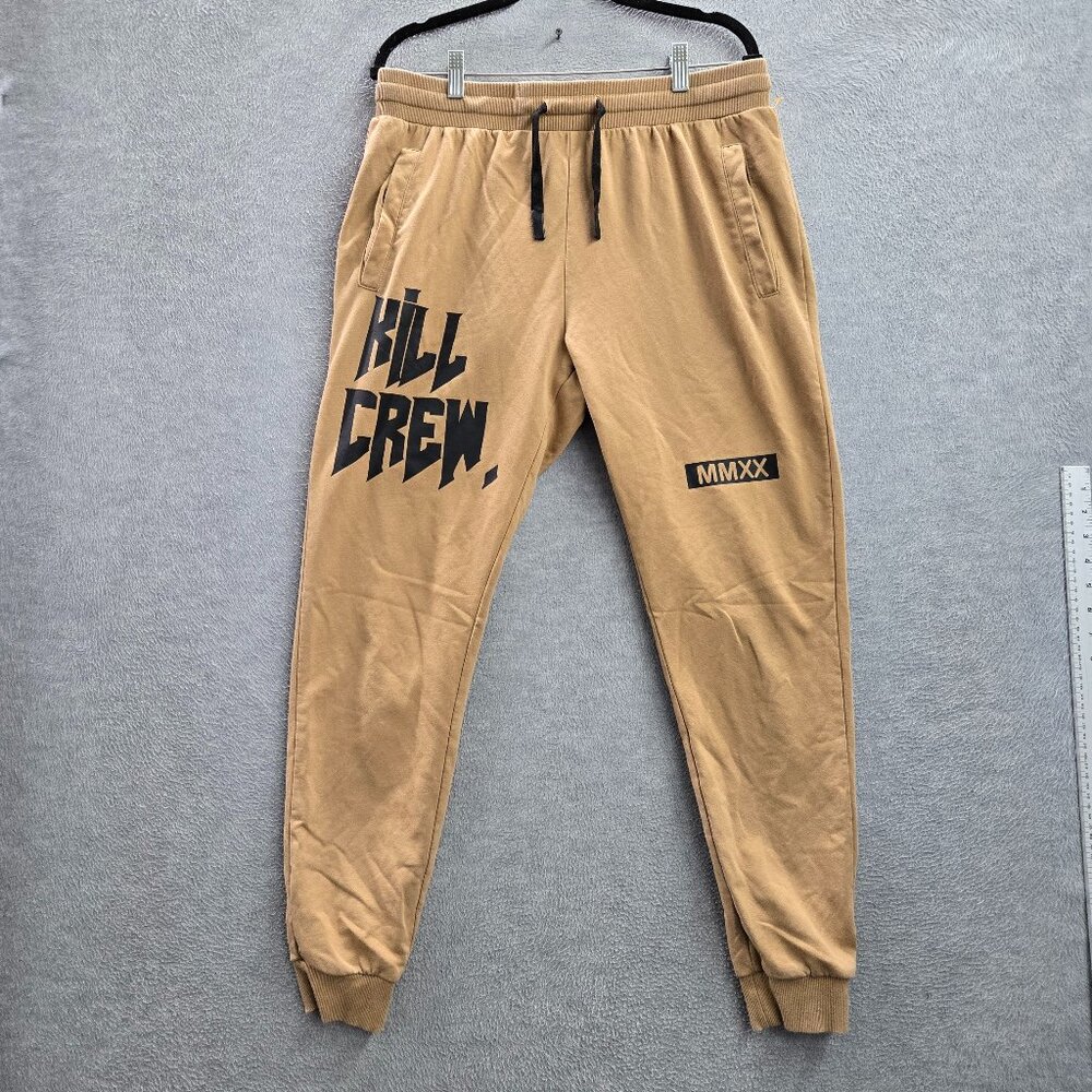 Kill Crew Men Activewear Pants L Brown Graphic Sweatpants Text Zipper Logo